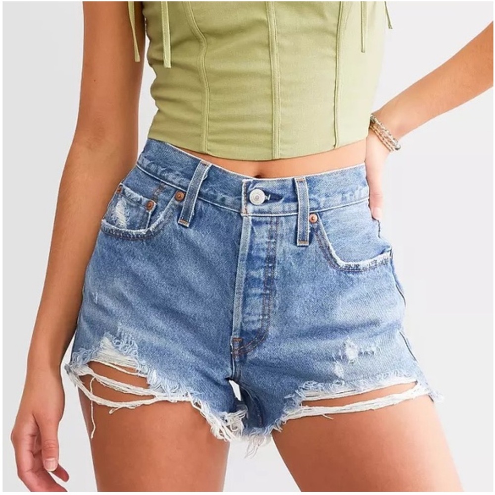 Levi's Premium 501 High Rise Short Athens Mid-Short Button Fly Destructed Sz 27